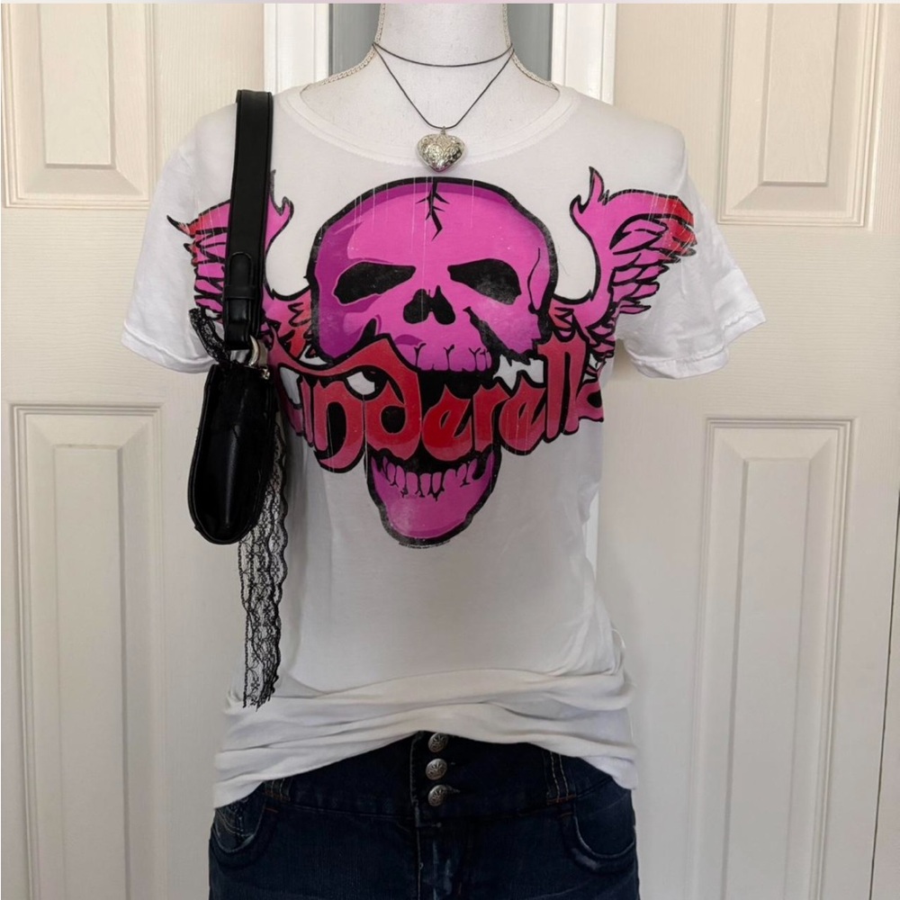 White T-Shirt with Pink Skull Graphic